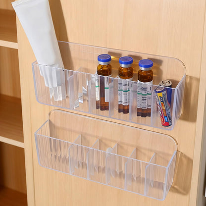 Wall Mount Storage Organizer, Clear Storage Box Holder Basket with 6 Compartments No Drilling Hang Walls/Doors for Kitchen, Cabinet, Bathroom, Bedroom, Office (19x8x3.8cm)