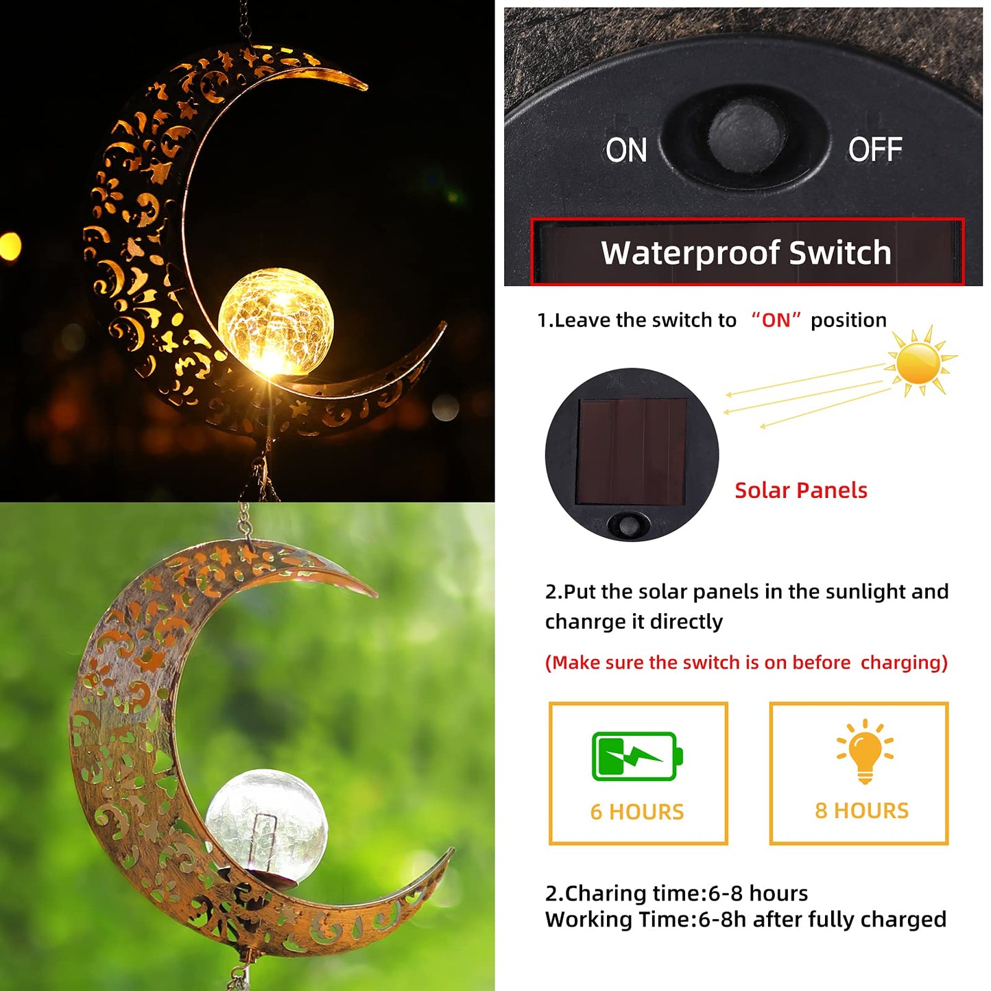 DesGully Solar Wind Chimes, Sun Wind Chime Outdoor Clearance w/Glowing Crackle Glass LED Unique Wind Bells for Outside Waterproof Chimes, Gifts for Her/Him (42" Long Metal Chimes)…