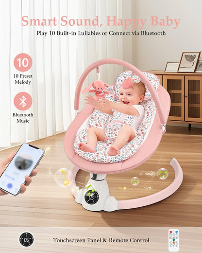 Baby Swing for Infants, Electric Baby Swing with Bluetooth, Portable Infant Swing with 5 Speeds, 10 Lullabies, 5-Point Harness & Remote Control, for Newborns Infants Indoor Outdoor Use (Floral)