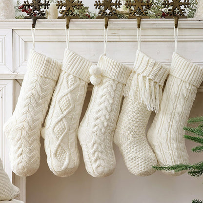 Farmhouse Knitted Personalized Christmas Stockings: 5 Pack 18 Inch Rustic Cable Knit Fireplace Cozy Hanging Xmas Stockings Boho Style Stocking Decorations for Family Holiday Décor, White Beige