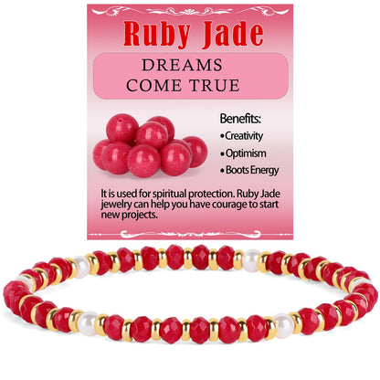 QOGIR Ruby Jade - Dreams Come True - 14K Gold Plated Beads Gemstone Stretch Elastic Dainty Healing Beaded Bracelets Gifts 2x4mm