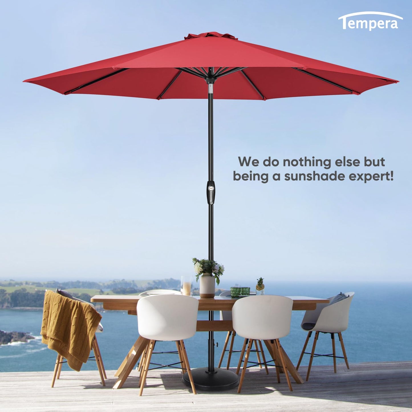 Tempera 9ft Patio Market Outdoor Table Umbrella with Auto Tilt and Crank, Large Sun Umbrella with Sturdy Pole & Fade Resistant Canopy, Easy to Set, Rust Red
