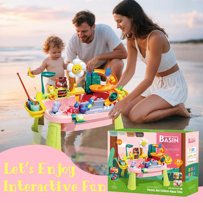Water Table for Toddlers 1-3, Water Toys for Kids Ages 4-8, Play Sink with Electric Pump Kitchen Play Food Fishing Game, Summer Outdoor Toys Sand Activity Sensory Playset Girls Boys, Pink