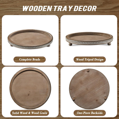 Handmade 12 Inch Decorative Tray, Small Beaded Tray Coffee Table Decor, Warm Brown Round Wooden Tray for Coffee Table, Dining Room Table Entryway and Living Room Table