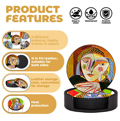 ABCHCHS Coasters Set of 6 - Pablo Picasso Style- PU Leather Coasters for Drinks with Holder - Handmade Round Drink Coasters Set for Home Decor and Housewarming Gift