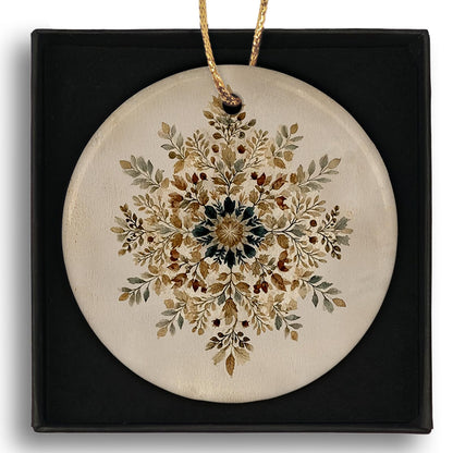 Ebroniah Winter Snowflake Snow Floral Christmas Ceramic Ornaments, Rustic Farmhouse Leaf Hanging Round Holiday Ornament Decor, Botanical Boho Beige Gifts Keepsake for Women Car Window Decorations 3in