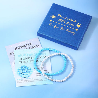NCB 2-Piece 4mm Natural Crystal Gemstone Stretch Bracelets – ﻿Blue Turquoise, Howlite Handmade Reiki Energy Healing Jewelry for Meditation,Yoga, Unisex