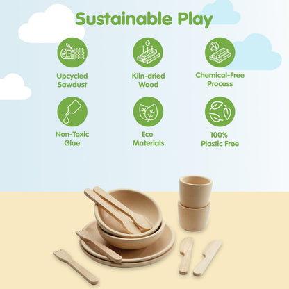 PlanToys® Pretend Play Wooden Tableware Set for Kids | 16-Piece Montessori Kitchen Toy Set with Plates, Cups, Bowls & Utensils | Eco-Friendly, Non-Toxic Toy for Toddlers & Preschoolers