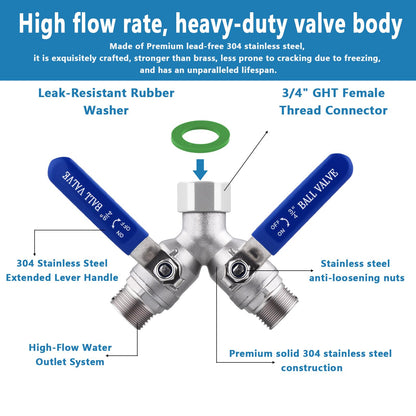 SNUTUYA 304 Stainless Steel Garden Hose Splitter 2 Way Heavy Duty, Full Flow Y Valve Water Hose Splitter With Long Handle, Lead-free，3/4" GHT Thread