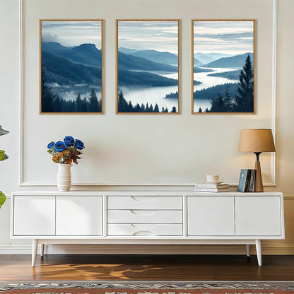 Aurlan Large Pine Tree Mountain River Framed Canvas Wall Art Set,Misty Blue Grey Forest Landscape Wall Decor,Modern Foggy Woodland Lake Artwork for Living Room,Bedroom,office-24 x36 x3