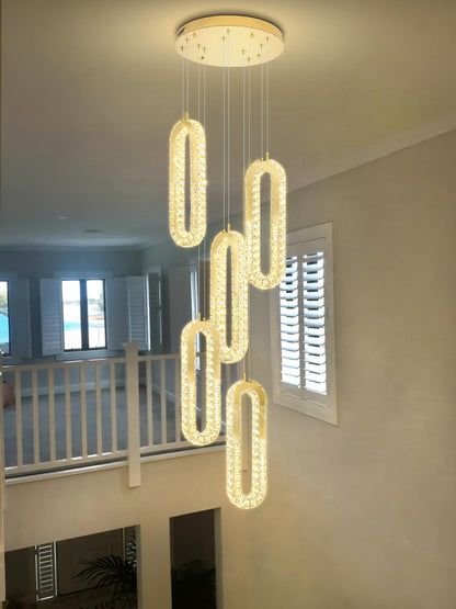 ykolupty 5-Lights Modern Crystal Chandelier for High Ceiling LED Dimmable Ring Pendant Chandeliers Stairwell Chandelier Lighting Gold