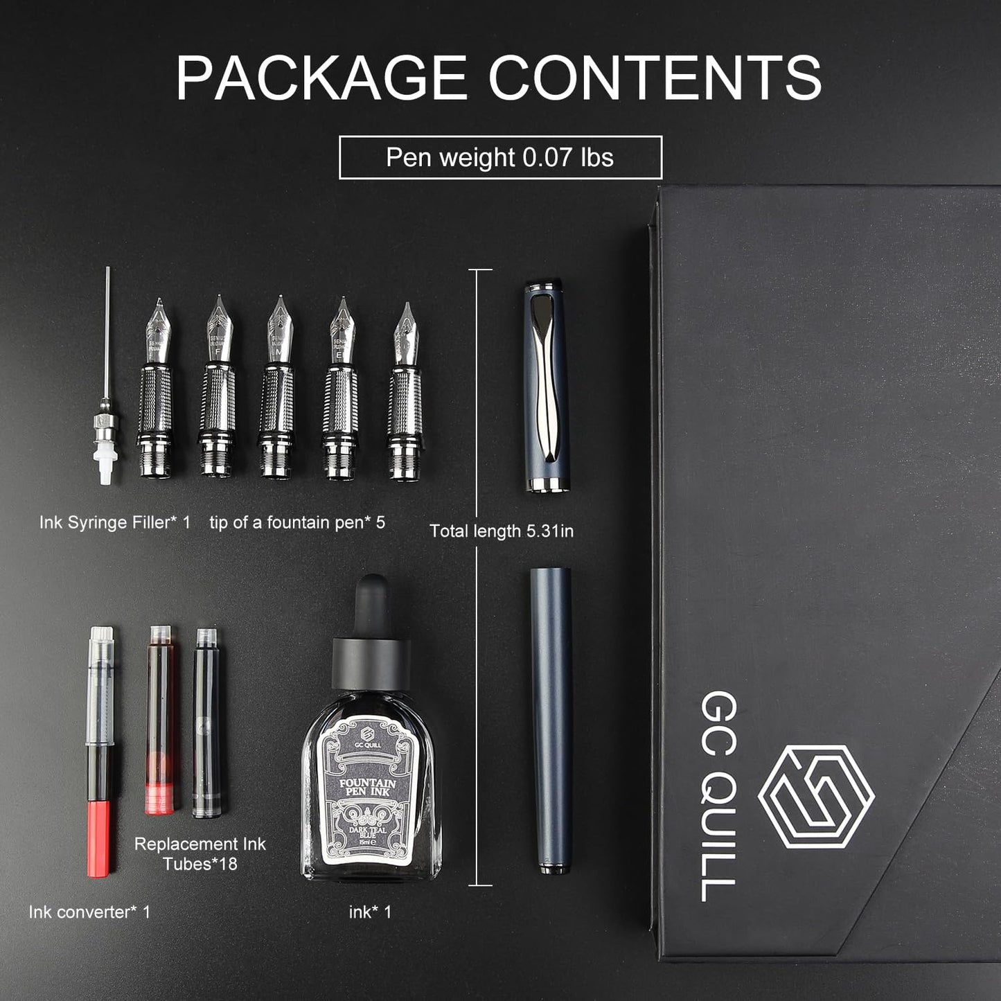 GC QUILL Calligraphy Fountain Pen Set - Includes 5 Nibs, Ink Bottle, Ink Refill Converter and 18 Cartridges, Fancy Pen for Women Men Gift - MU-25