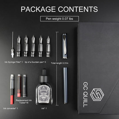 GC QUILL Calligraphy Fountain Pen Set - Includes 5 Nibs, Ink Bottle, Ink Refill Converter and 18 Cartridges, Fancy Pen for Women Men Gift - MU-25