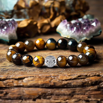 MetJakt Healing Crystals Beaded Bracelets for Womens Natural Gemstone 8mm Beads Stretch Bracelets with 925 Sterling Silver Double Happiness Pendant (Tiger Eye)