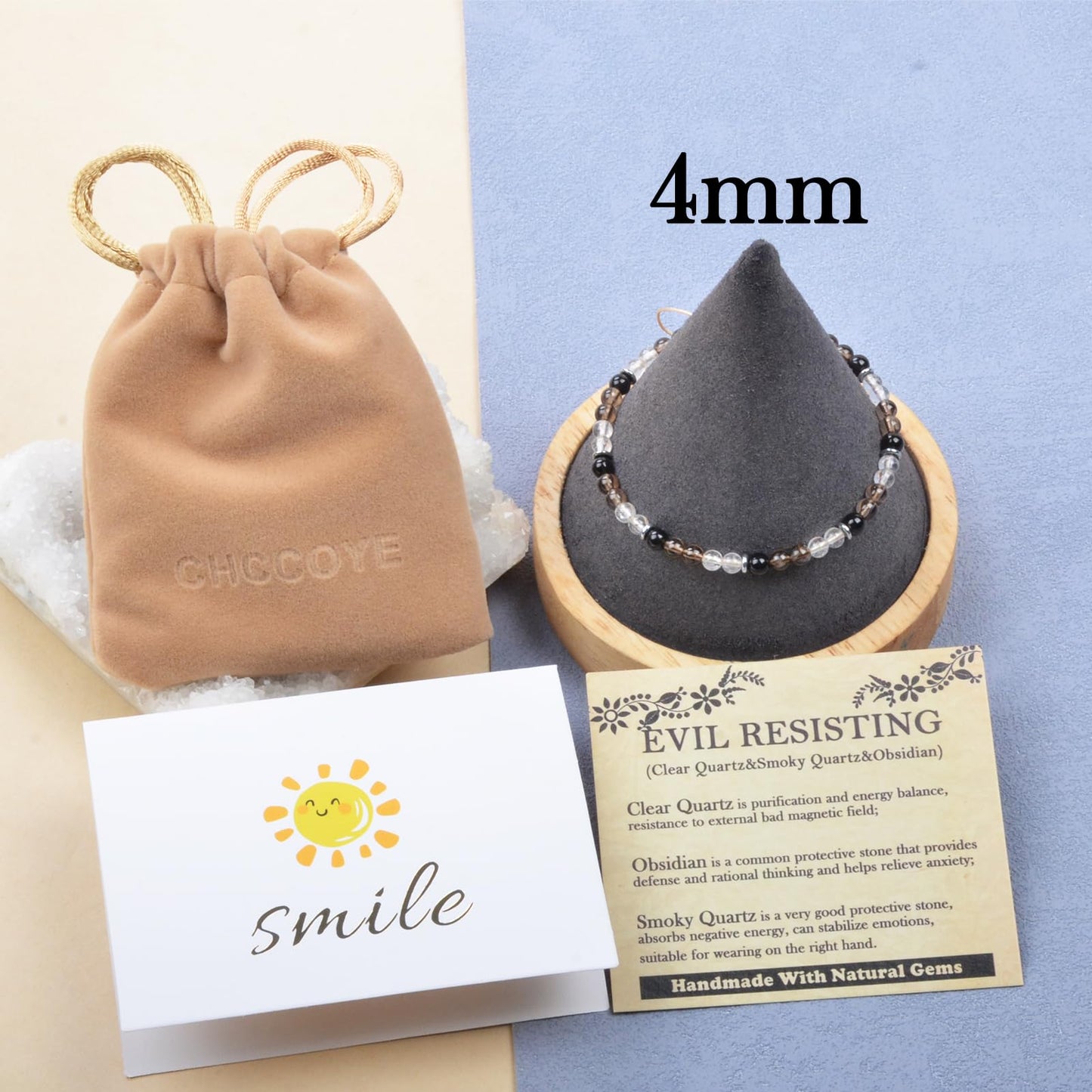 CHCCOYE 4mm Handmade Adjustable Natural Gemstone Crystal Bracelet Healing Power Energy Inspirational Gifts with Card for Unisex (Negative Resistance)