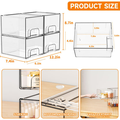 Yieach 4 Pack Clear Stackable Storage Drawers,4.4'' Tall Acrylic Drawer Containers for Organizing,Bathroom Organizers and Storage Bin Box,Plastic Makeup,Medicine Organizer Bins for Cabinet,Undersink