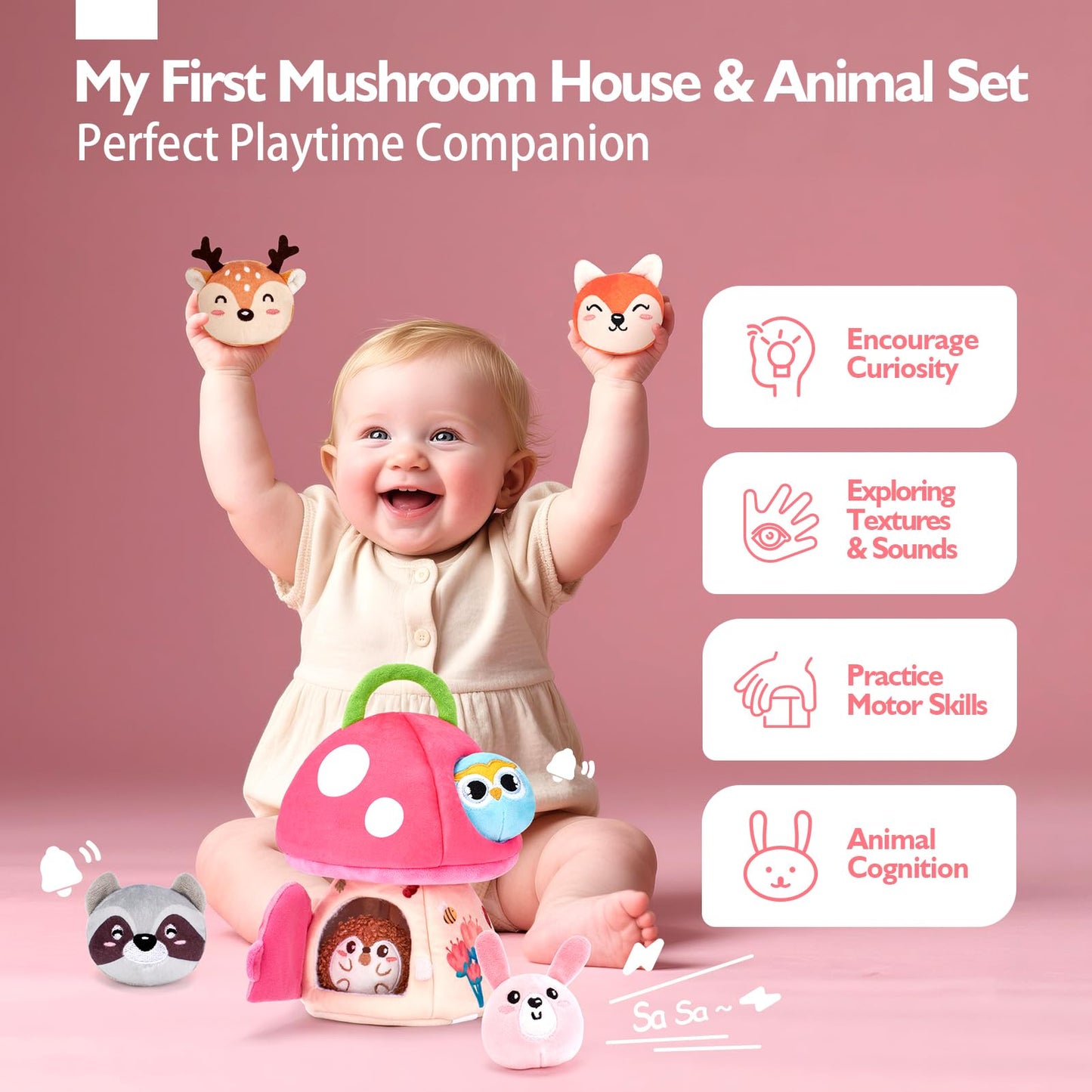 hahaland Baby Toys 6-12 Months - Montessori Toys for 6 Month Old Girl, My First Mushroom House with Stuffed Jungle Animals, Rattle, Crinkle Paper, Mirror, Sensory Toy Baby Girl Gifts