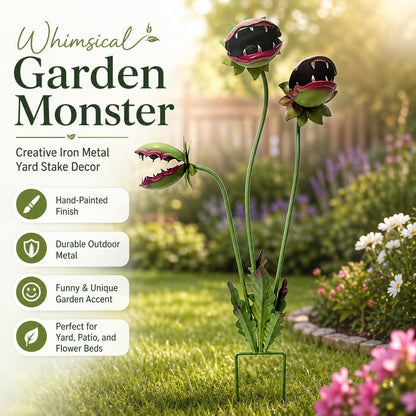 Bluethy Whimsical Metal Carnivorous Plant Garden Stake, Large 25-Inch Monster Venus Flytrap Plant Sculpture, Sturdy Yard Art for Patios, Flower Beds & Planters, a Quirky Unique Garden Gift (A)