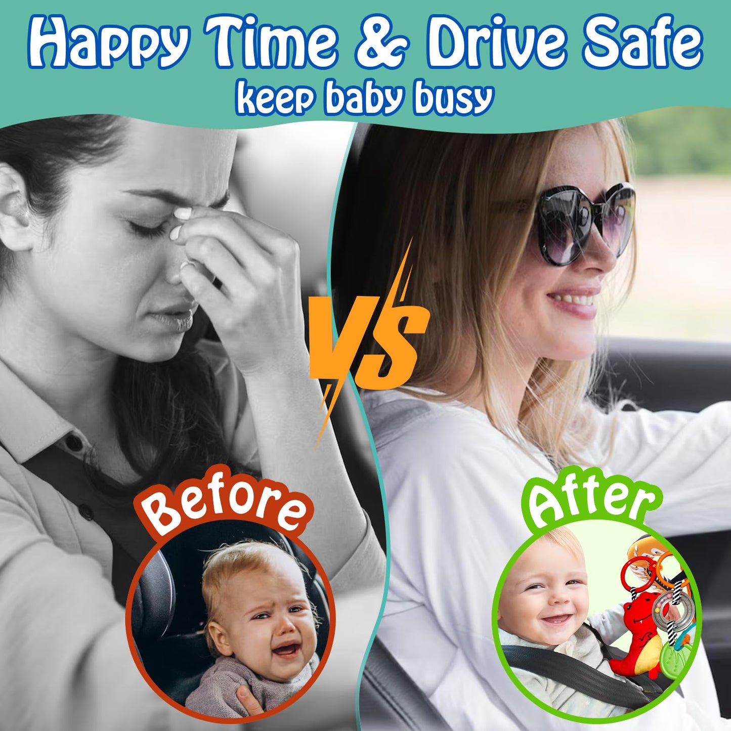 Innofans Baby Car Seat Dinosaurs Toys - Kick and Play Double Sided Infant Car Seat Toys with Plush Toys, Mirror, Teether for Baby, Babys Travel Activities, Christmas Birthday Gifts Newborn Infant Toys