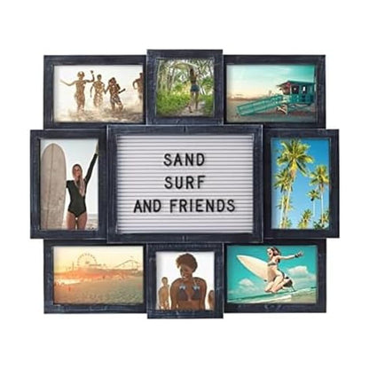 MELANNCO Collage Picture Frame with Letter Board, 8 Opening Photo Display for 4x6 and 4x4 Photos, 19 x 17 Inch Wall Decor with 144 Changeable Letters, Numbers and Symbols, Distressed Black