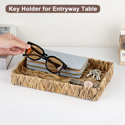 GUSHBIN Decorative Key Holder for Entryway Table Handwoven Natural Water Hyacinth Basket Tray Rectangular Serving Tray, 11.9" x 7.9" x 1.6"