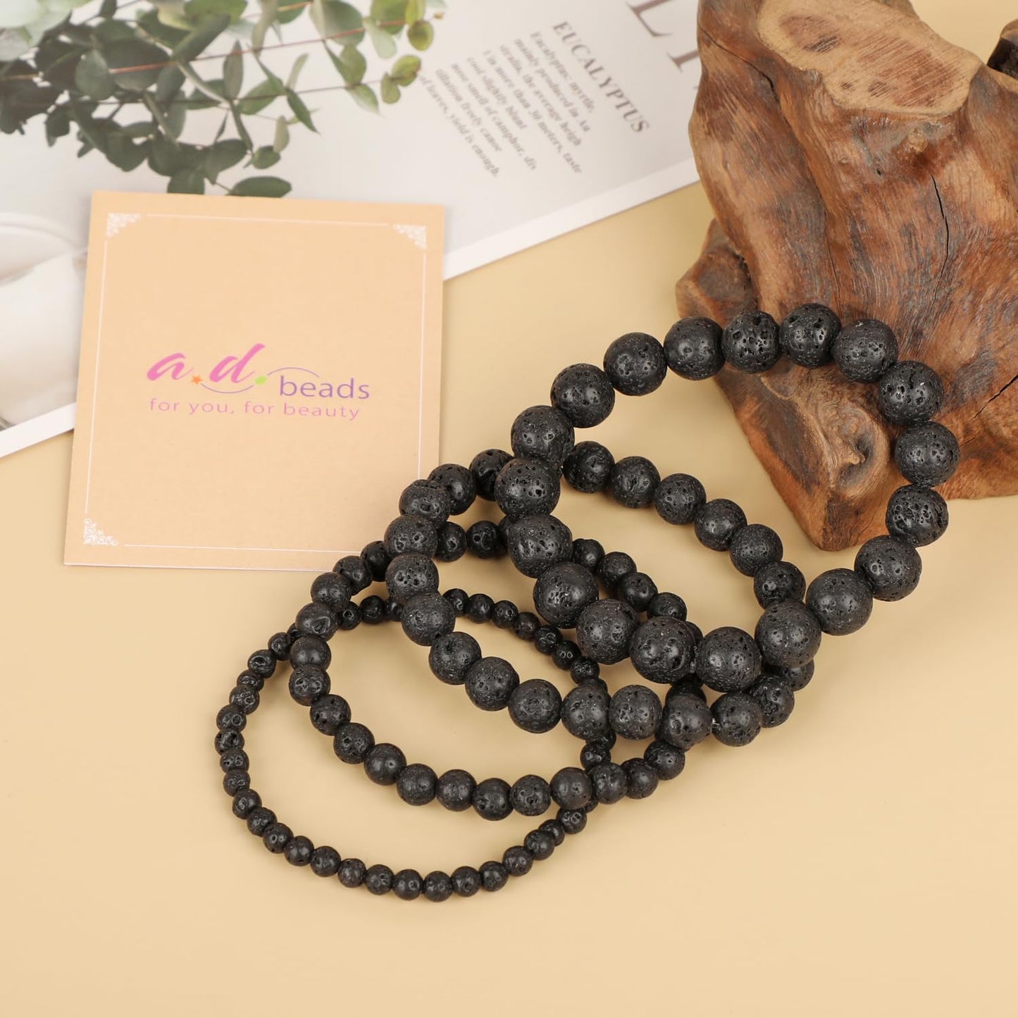 AD Beads Handmade Gemstone Stretch Elastic Bracelet Crystal Healing Reiki Nature's Beauty and Spiritual Essence Unisex (4mm, Black Lava (Warmth Generator))