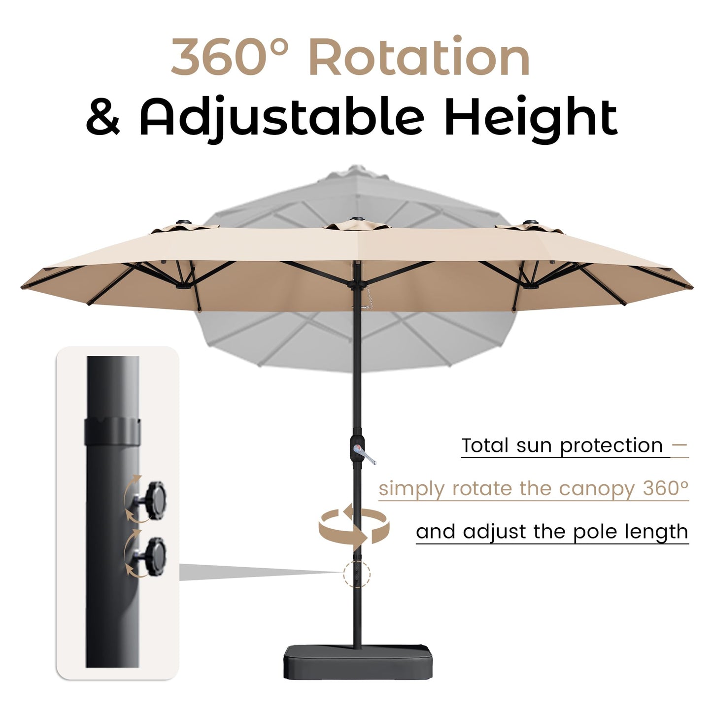 DomeShade 15ft Patio Umbrella with Base,Large Outdoor Double-Sided Rectangle Umbrella with Crank Handle, Market Umbrella for Poolside Garden Deck Backyard Beach Pools, Beige