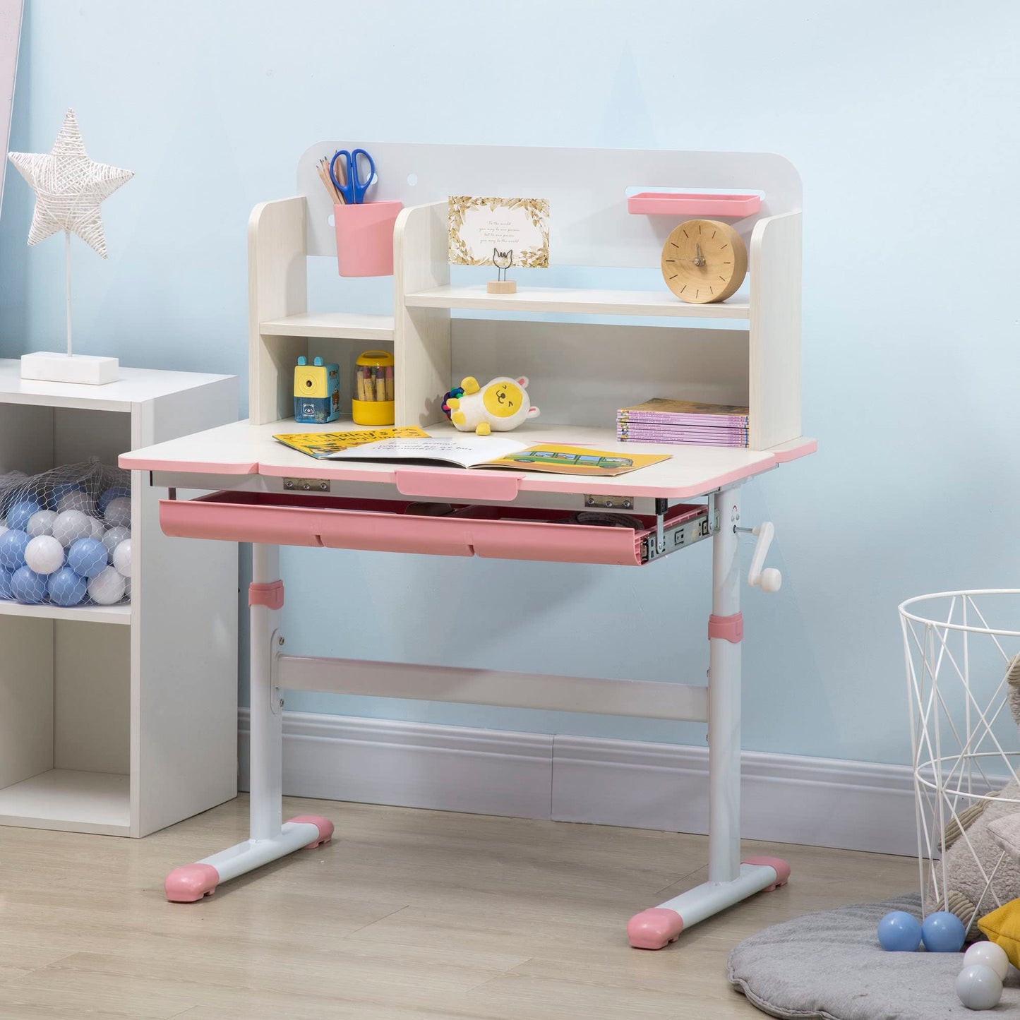 Qaba Wooden Kids Study Desk, Height Adjustable Children School Study Table, Student Writing Desk with Tilt Desktop, Drawer, Storage Shelf, Pen Holder, Pink