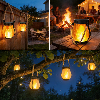 Yomistar Solar Lanterns Outdoor Waterproof 2 Pack Hanging Solar Lantern with Flickering Flame, Solar Flame Lantern with USB Charging, Decorative Lanterns Lights for Yard Porch Camping Patio