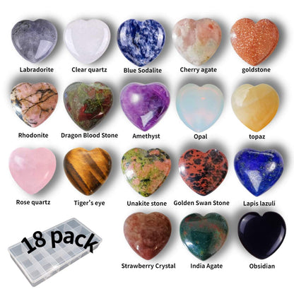 XMHOME Crystal Heart Shaped Stones Set Assorted Natural Variety Pack Gemstones 1" (25 * 25 * 12mm) Pocket Worry Palm Stone Rock Collection Box for Healing Reiki Jewelry Making Home Decor 18Pcs