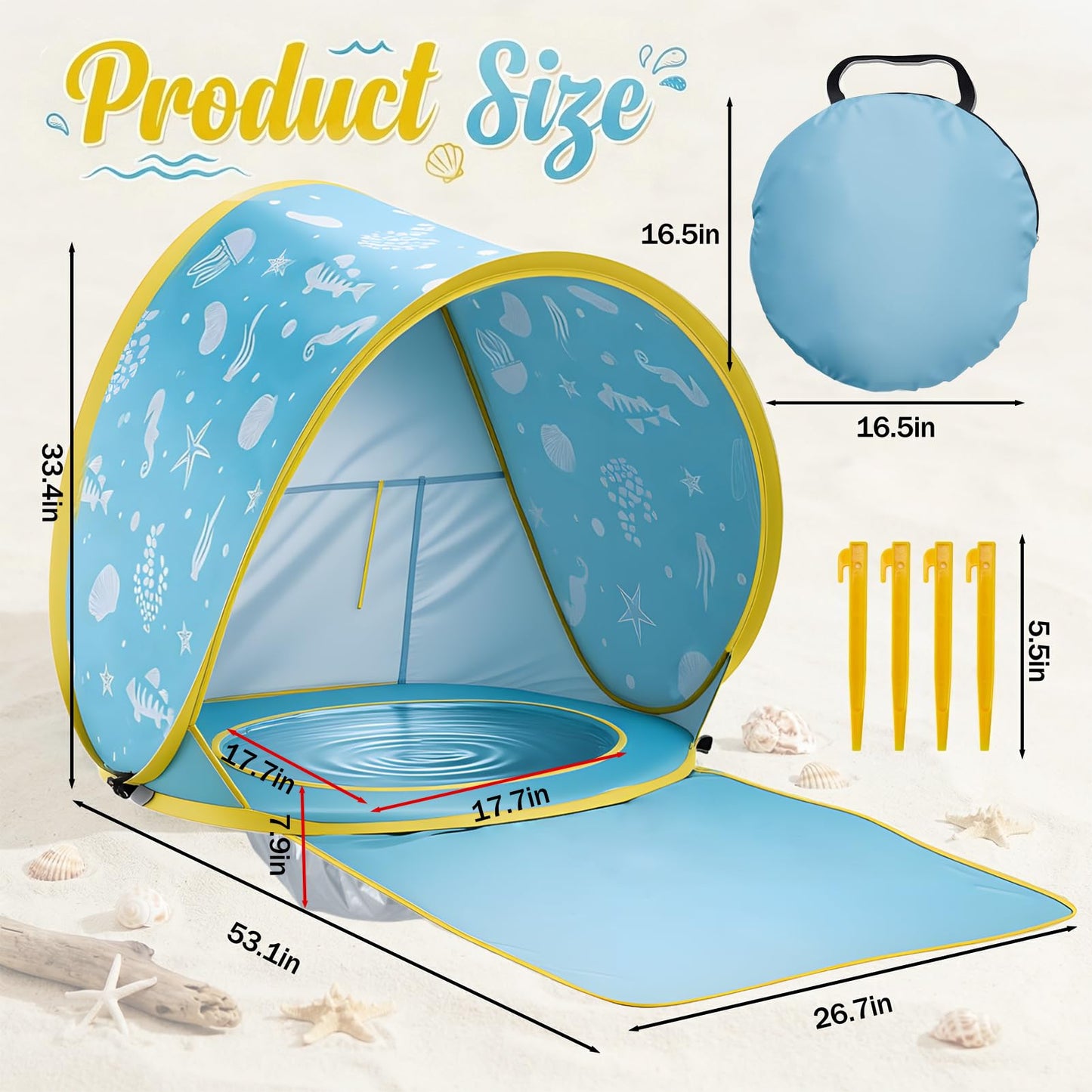 3-in-1 Baby Beach Tent, Pop-Up Baby Pool Tent with UPF 50+ Sun Protection, Portable Sun Shelter for Infants and Toddlers Outdoor Play