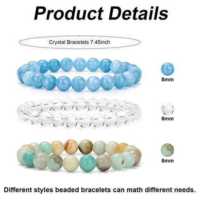 Vinswet Healing Crystal Bracelets for Women Men 8mm Angelite Amazonite Clear Quartz Natural Stone Beaded Stretch Bracelet Triple Protection Handmade Gemstone Reiki Spiritual Jewelry Gifts