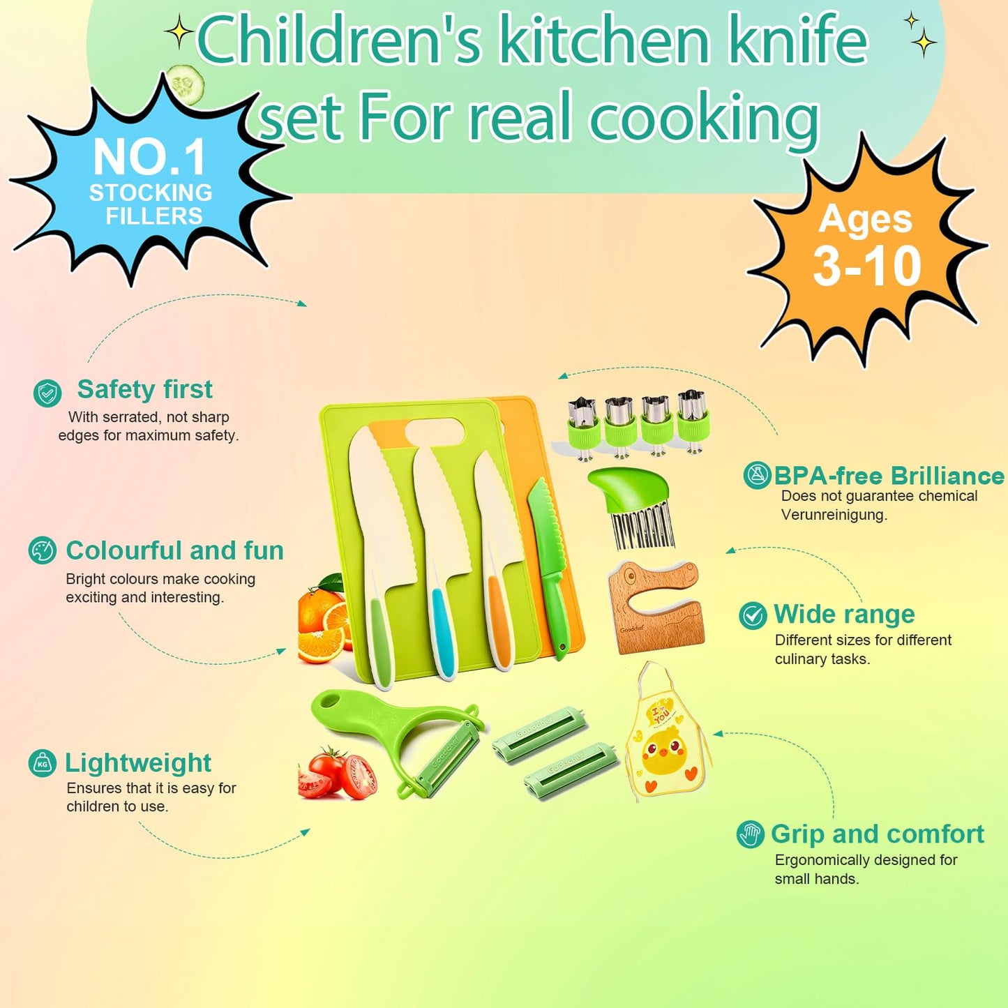 16PCS Kids Cooking Set with Safe Peeler – Montessori Kitchen Tools for Kids Real Kids Knife Set Child-Safe Plastic Knives Toddler Cooking Set Toy Suitable for Ages 3-10 for Toddler