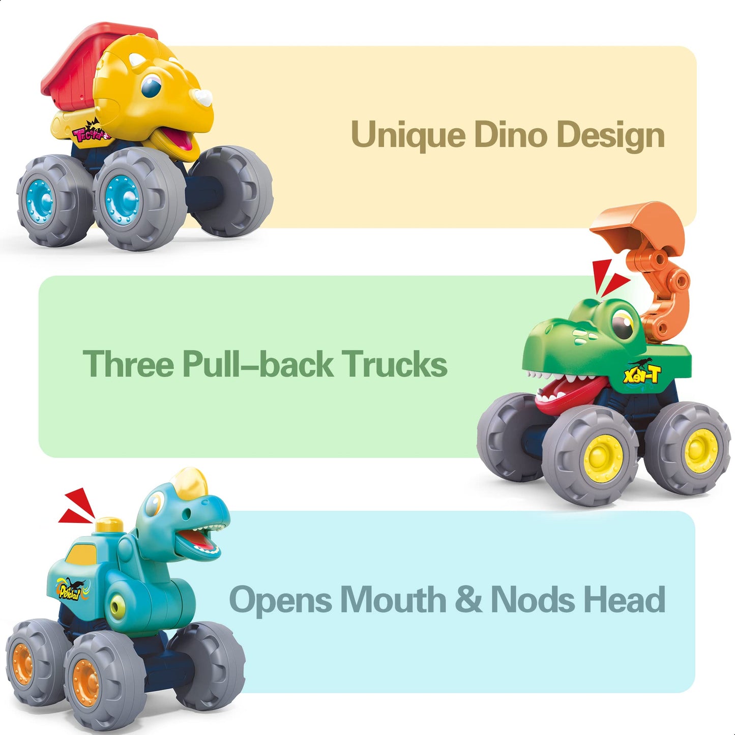 iPlay, iLearn 3PCS Dinosaur Monster Truck Toy, Baby Pull Back Car, Push Go Dinosaur Construction Trucks, BigWheel Play Vehicles, Birthday Gift 12-18-24 Month Toddlers 1-3, 2-4 Year Old Boy Kid Girl