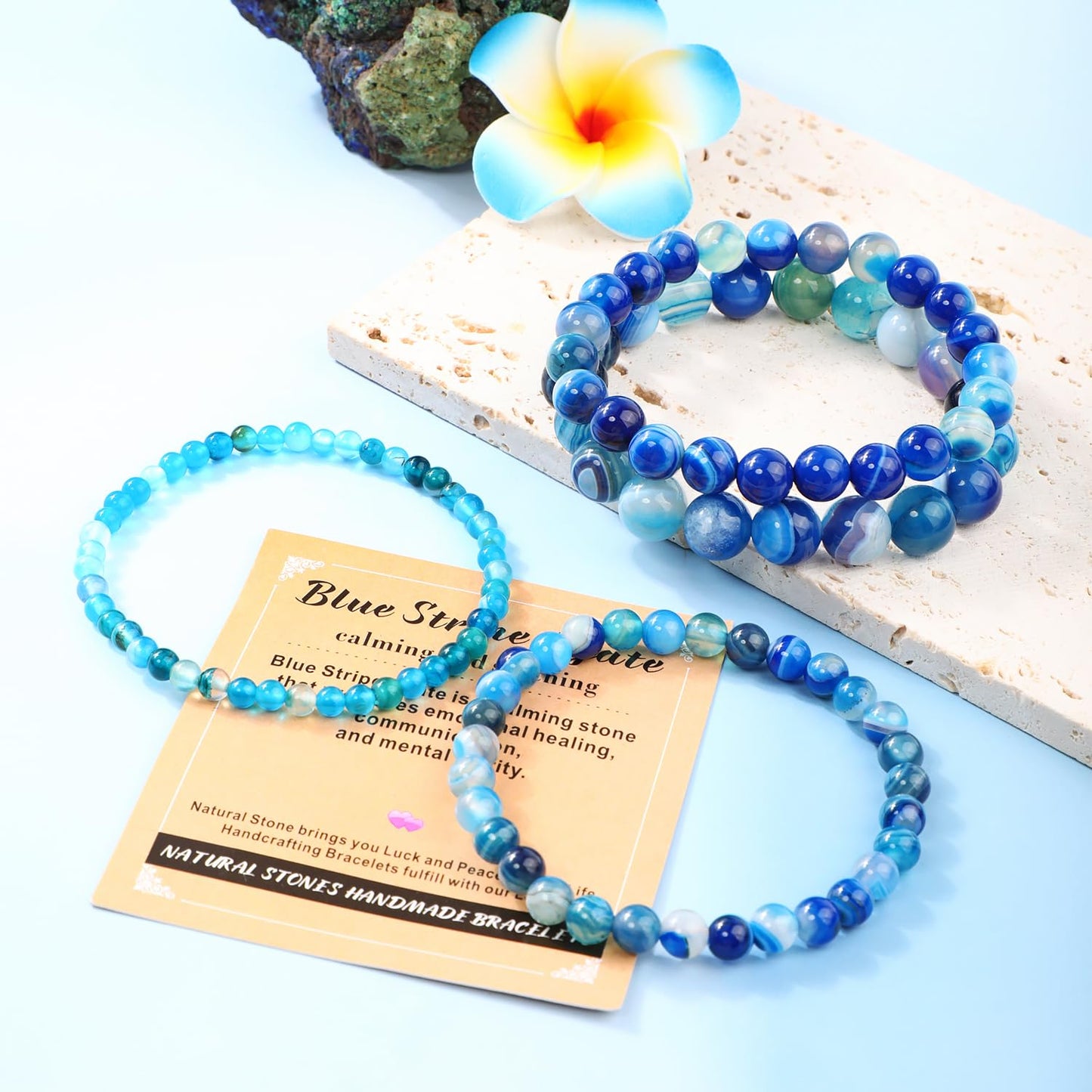 AD Beads 4mm Handmade Blue Stripe Agate Elastic Bracelet – Natural Gemstone for Calming and Soothing – Meditation, Yoga, Healing and Energy Gift for Men Women