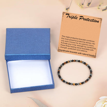 LPBeads Handmade Natural Gemstone Stretch Elastic 4mm Onyx Tiger Hematite Mixed Stone Bracelet Healing Crystal Round Stone Beads Jewelry Gifts for Women Men