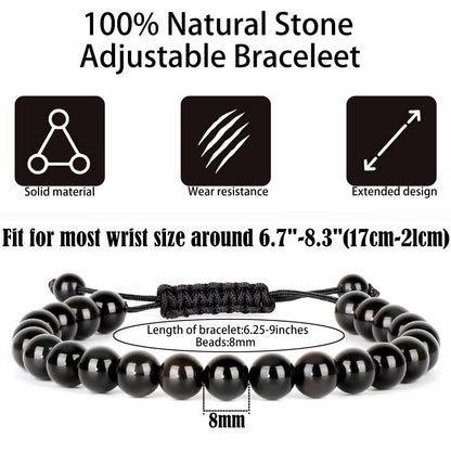 QOGIR Handmade Healing Stones Bracelet,8mm Natural Black Obsidian Gemstone Beads Bracelet,for Men Women Gifts with 2PCS Size Adjustable Rope Bracelets