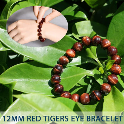 TaHLga 12MM Red Tigers Eye Bracelet for Men | Natural Healing Root Chakra Gemstones | Fits for 8-8.5" Large & Strong Wrist | Bring Luck & Fortune | Anxiety Relief Spritual Gift for Friends Familys