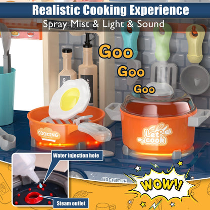 Play Kitchen for Toddlers, Kids Kitchen Playset Toddler Girl Toys with Cooking Stove Steam, Sink and Food Pretend Cooking Set Toy for 3 4 5 Year Old Kid Birthday (Blue)