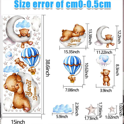 Tedy Bear Moon & Stars Wall Decor - Sleeping Bear Wall Stickers, Baby & Nursery Room Decor