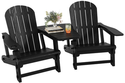 Shintenchi Adirondack Chairs Set of 2,HDPE Adirondack Chairs w/Removable Tablelop & Umbrella Hole,All-Weather Wooden Textured Plastic Outdoor Chairs w/Cup Holders for Garden Backyard Pool,Black
