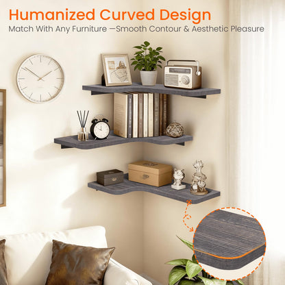 Homode Corner Shelves Wall Mounted, Set of 3 Floating Corner Shelves with Cord Hole, 3 Tier Wooden Hanging Shelves for Storage and Display, for Bathroom Kitchen Living Room, Rustic Grey