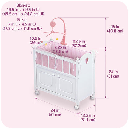 Badger Basket Wooden Toy Doll Bed with Storage, Mobile, and Bedding to Pretend and Play - Includes Wheels and Free Personalization Kit - White with Pink Gingham Fabric