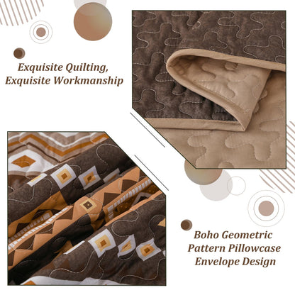 WONGS BEDDING Boho Quilt Set Queen Size,3 Pieces Brown Geometry Printed Bedspread Coverlet Set,Lightweight Microfiber Bedding Set with 2 Pillowcases,96"×90"
