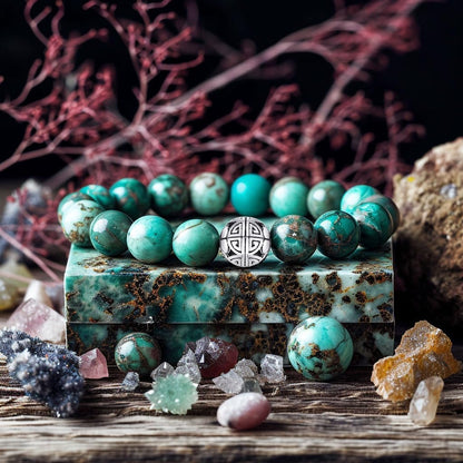 MetJakt Healing Crystals Beaded Bracelets for Womens Natural Gemstone 8mm Beads Stretch Bracelets with 925 Sterling Silver Double Happiness Pendant (African Turquoise AAAAA+)