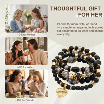 Ysenchan Bohemian Bracelet Set for Women, 4 Pcs Beaded Stackable Bracelets with Heart Charm, Stretch Bracelets, Boho Jewelry Gift – [Black]