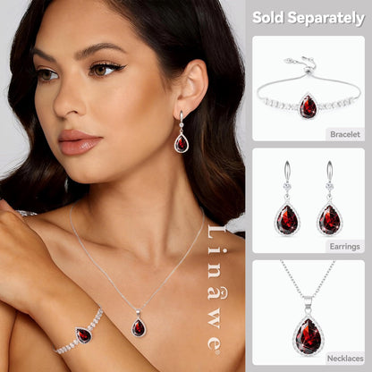 Linawe Red Crystal Imitation Diamond Charm Silver Bracelets for Women, Garnet Rhinestone Birthstone Moissanite Cubic Zirconia Chain Bracelet Set, Prom Costume Wedding Jewelry