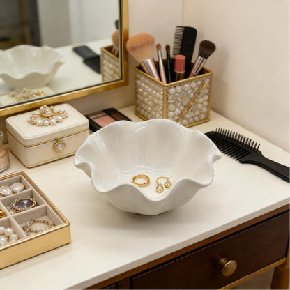 BROSEBEAQ Small Jewelry Tray, Ceramic Lotus Ring Dish, 3.5", White, Vanity Ring Holder, Trinket Dish (White)
