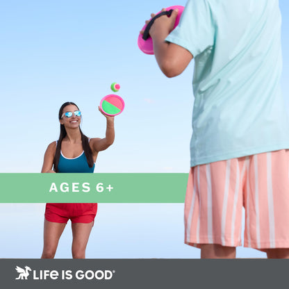 Life is Good Toss and Catch Ball Set (Pink/Green), Enjoy Family Outdoor Games with 2 Paddles, 2 Balls & 1 Carry Bag, No-Setup 2-Player Paddle Game for Beach, Backyard, Park & Travel Fun