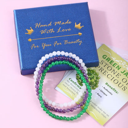 CMBYN 3-Pieces 4mm Natural Crystal Gemstone – ﻿Amethyst, Green Jade, White Jade Handmade Reiki Energy Healing Stretch Bracelets Jewelry for Yoga, Meditation, Unisex
